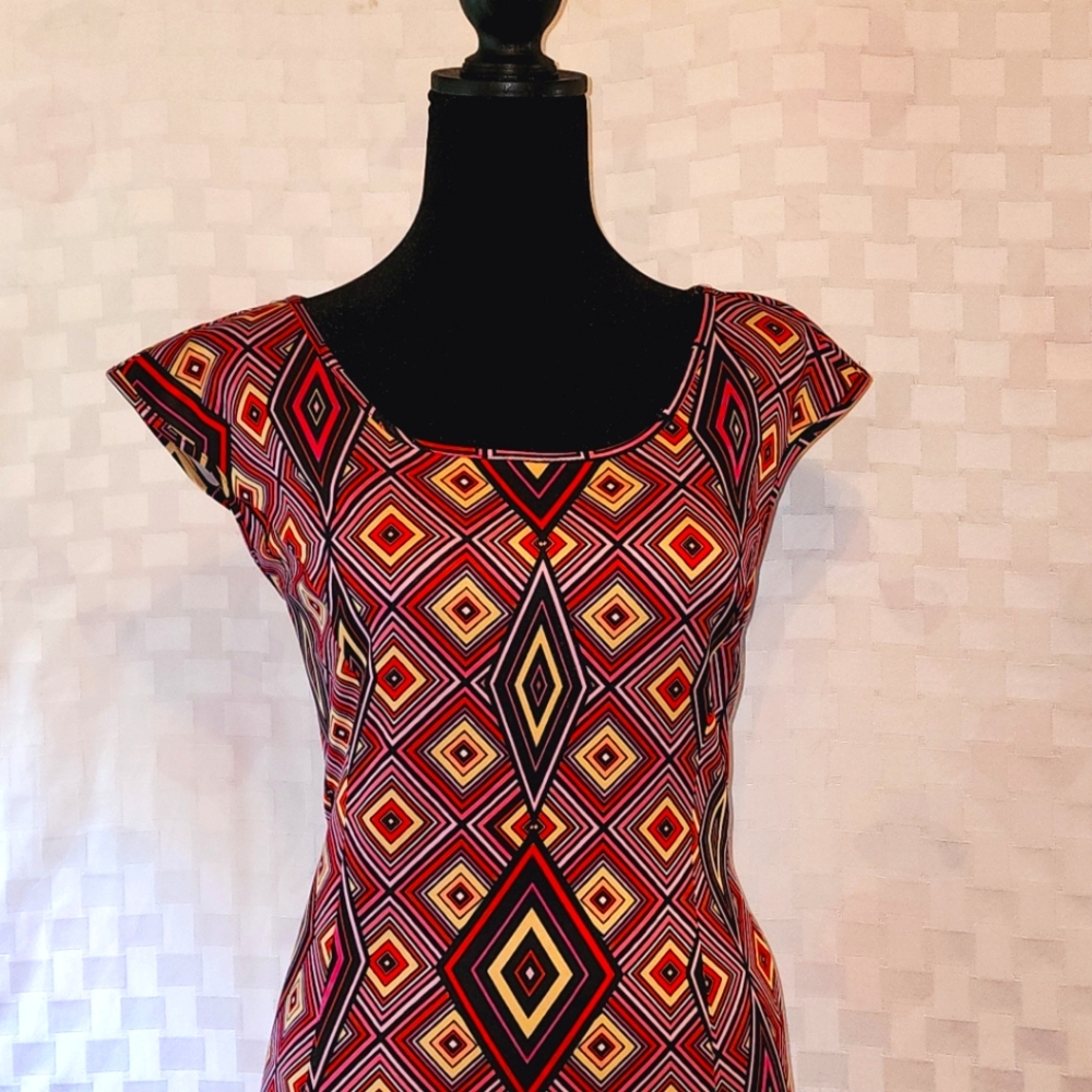 Kate & Mallory Geometric A Line Dress Black Read Orange &White XL 14